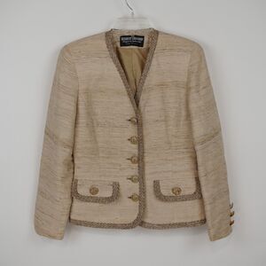 Herbert Grossman Cynthia Sobel Silk Tweed Jacket 10 Tan Braid Trim Gold Buttons